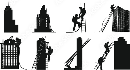 Firefighter silhouettes in action, urban rescue scenes, dramatic ladder climbs, emergency response, heroic efforts, city buildings, black and white illustration, emergency services concept