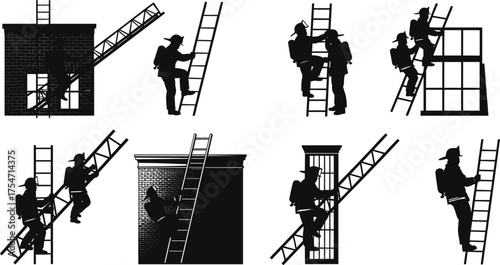Firefighter silhouette climbing ladder, emergency rescue operation, fire safety teamwork, black vector illustration, building window access, heroic action, emergency response concept