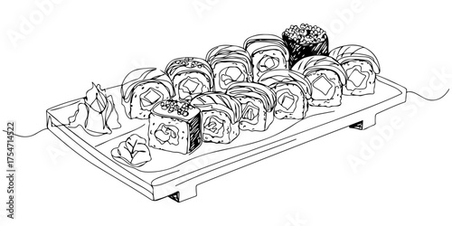 Continuous one line of onigiri with pieces on a cutting board, style drawing vector illustration.