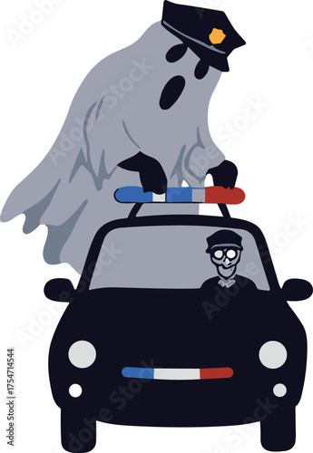 Ghost police car illustration, skeleton officer artwork, spooky law enforcement scene, surreal cartoon design, supernatural humor art, eerie fantasy police concept