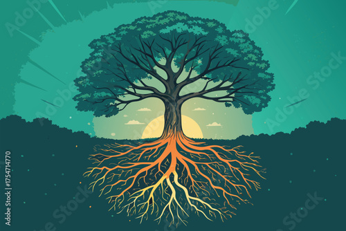 A stylized illustration of a tree with vibrant roots against a teal background.