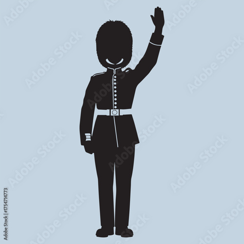 Silhouette of a british royal guard in uniform waving hello against a light blue background