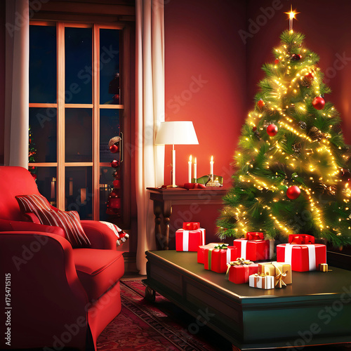 A room decorated for Christmas Day with a Christmas tree and gif