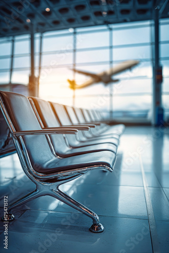 Waiting area in an airport with a view of an aircraft at sunset