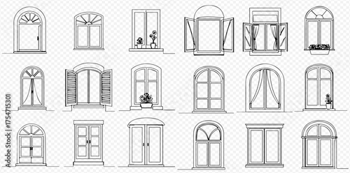 A detailed description of the image. "A collection of various architectural window designs in black outline sketch style." "Set of different window types and...