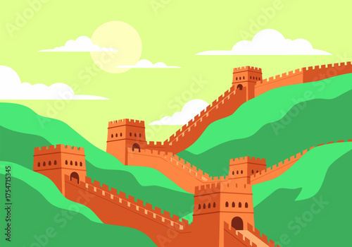 Iconic Great Wall of China illustration with watchtowers set against a green mountainous landscape under a sunny sky with clouds