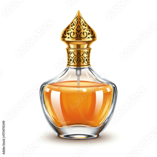 Exquisite Golden Perfume Bottle with Rich Amber Liquid, an Emblem of Luxury and Elegance
