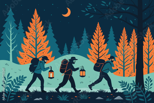 Three backpackers with lanterns walk through a forest at night.