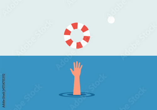 A drowning hand reaching for a life preserver thrown from above, symbolizing help and rescue in a dire situation
