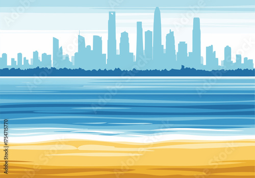 Beachfront cityscape illustration with ocean waves and sandy shore, a serene coastal metropolis