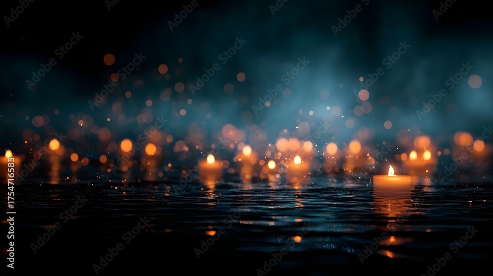 Obraz premium Floating candles cast a warm glow on dark water under a mystical hazy night sky with bokeh lights