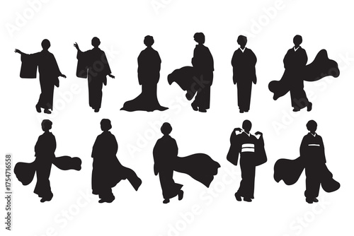 Collection of elegant silhouette figures in traditional japanese kimonos in various poses