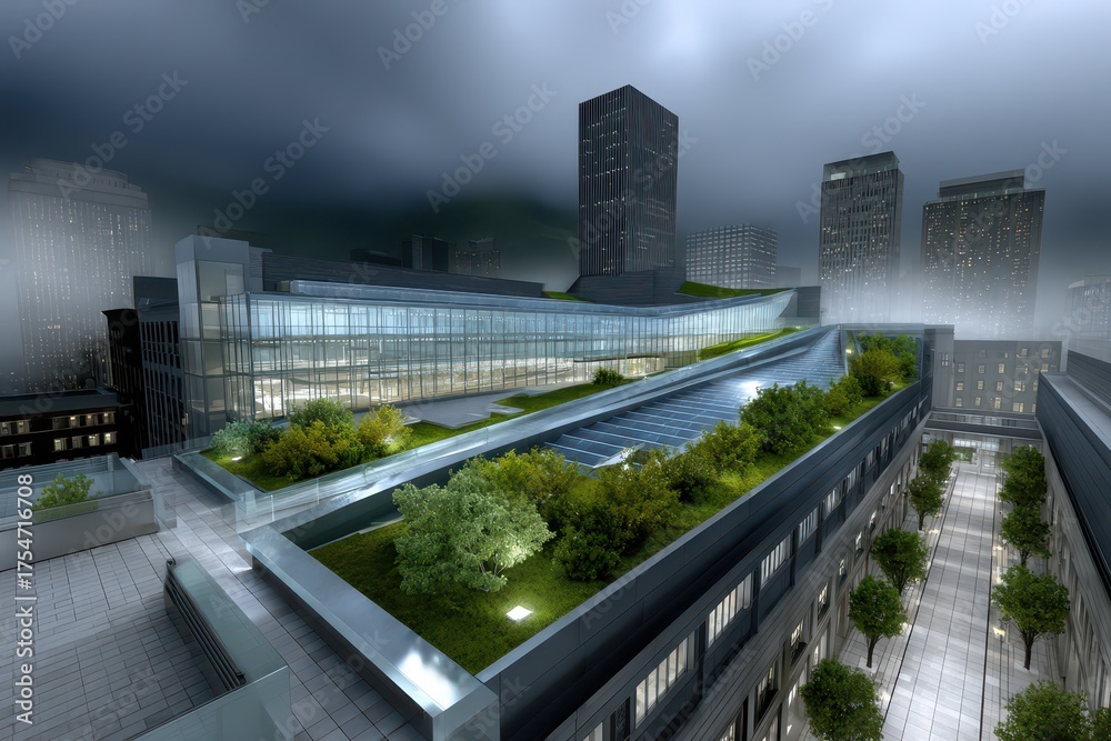Fototapeta premium A striking modern urban complex with green roofs and sleek glass facades.