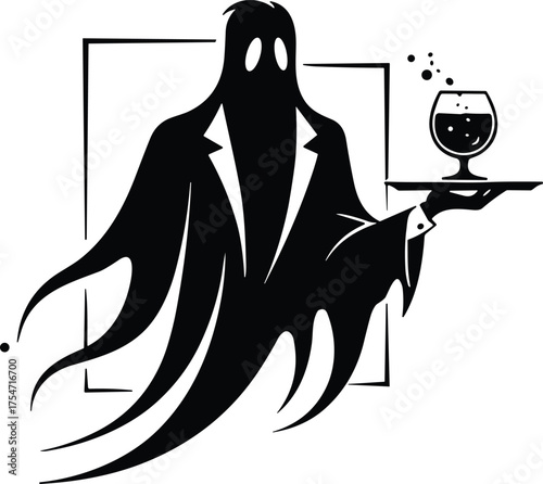 Ghostly waiter illustration, surreal butler serving drink, glowing eyes, spooky elegant art, supernatural character design, black white minimalist fantasy