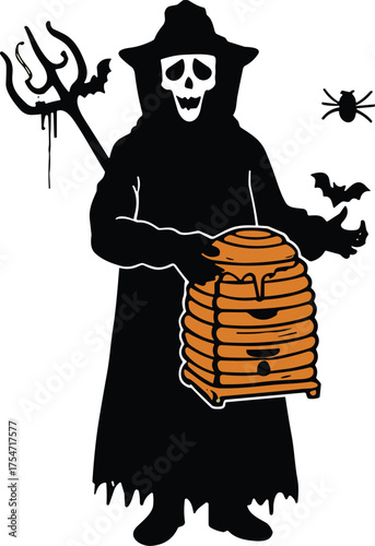 Grim reaper beekeeper illustration, skull face figure, gothic art with honey beehive, bats and spider, spooky surreal Halloween design