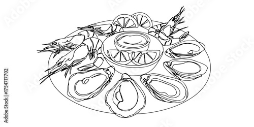Continuous one line of seafood on a plate with shrimp, oysters, and lemon slices, minimalist fine dining style drawing vector illustration.
