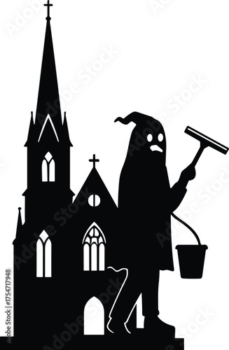 Gothic church silhouette, haunted ghost cleaner, spooky window washing, surreal paranormal humor, gothic architecture art, supernatural satire, eerie night illustration, fantasy