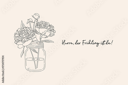 Spring Peony Bouquet in Jar Line Art Illustration Greeting Card with German Text Hurra der Frühling ist da