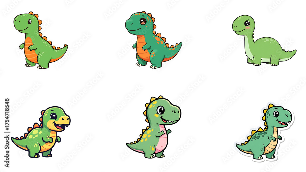Fototapeta premium Collection of six adorable green cartoon dinosaurs isolated on transparent background, perfect for childrens illustrations