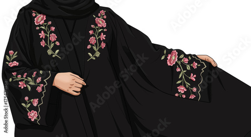 Embroidered Black Abaya with Floral Motifs, Elegant Islamic Women's Clothing