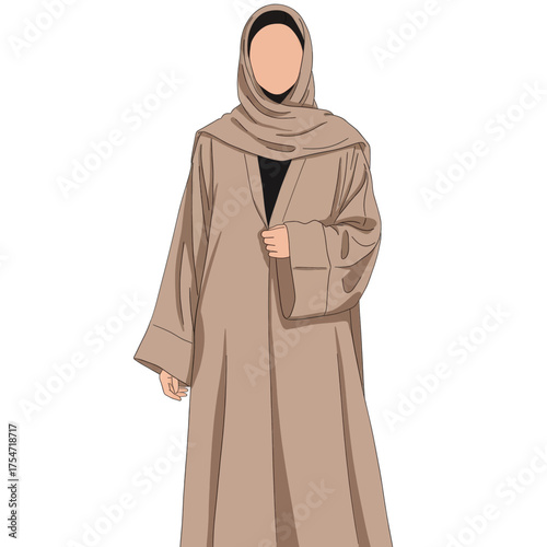 A detailed illustration of a woman wearing a beige abaya and hijab, a modest Islamic outfit