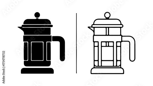 French press coffee makers outline and solid with transparent background