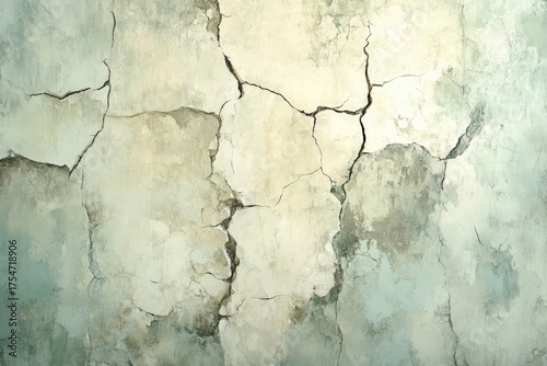A weathered, cracked concrete wall displays a muted palette of pale greens, creams, and grays, showcasing the textured surface and depth of age.