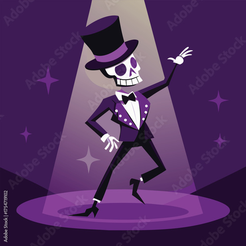 A fun, high-contrast silhouette of a dancing skeleton in a top hat against a theatrical purple spotlight.
