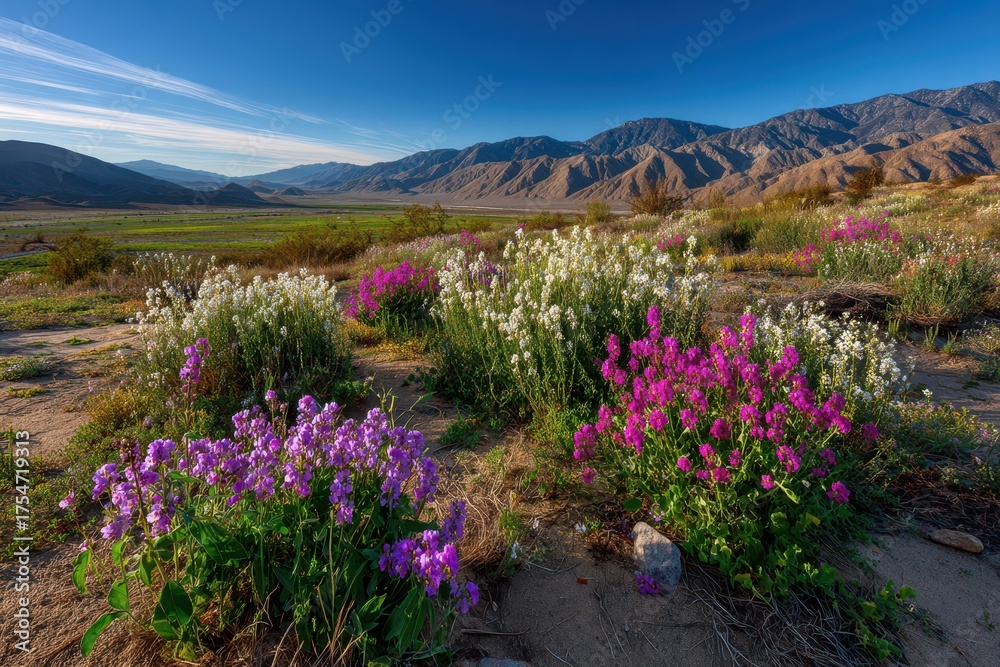 Obraz premium A vivid desert superbloom with vibrant wildflowers and majestic mountains.