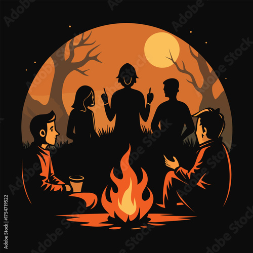 A solid black silhouette of a group of friends telling ghost stories, their faces and figures lit only by the small, warm orange glow of a campfire..