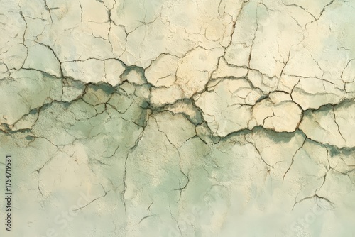 A textured surface of cracked, pale green and cream-colored plaster, exhibiting deep fissures and weathered appearance.