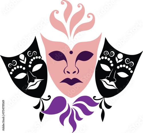 A solid black silhouette of several ornate, theatrical masks floating against a deep purple velvet background.