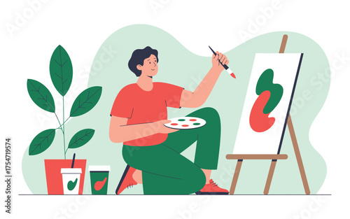 Artist painting a vibrant canvas enjoying creative hobby and indoor botany scene