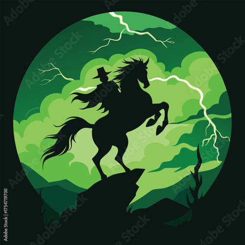 A stark silhouette of a headless horseman mid-gallop against a sudden flash of sickly green lightning..