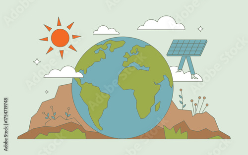 Global warming earth sun solar panel clouds hills nature climate change environmental issues
