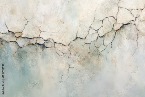A textured surface of aged plaster with extensive network of deep cracks.