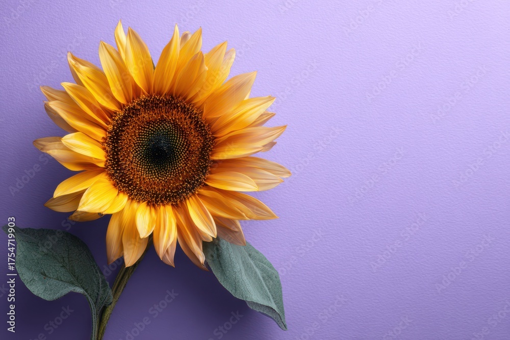 Obraz premium Sunflower on Purple Background: Close-up View with Leaves and Petals