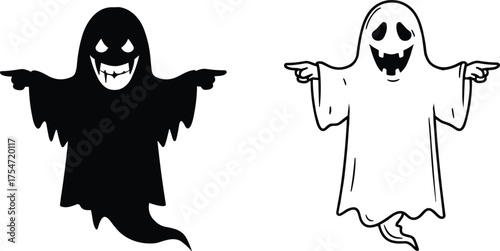 Halloween ghost duo, spooky cartoon spirits, creepy phantom figures, haunted night illustration, scary black and white design, horror artwork, supernatural fantasy
