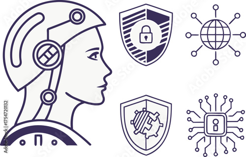 Set of Minimal Futuristic AI Robotics Vector Line Icons