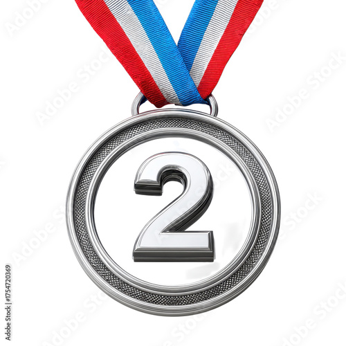 Silver medal with number two on a ribbon
