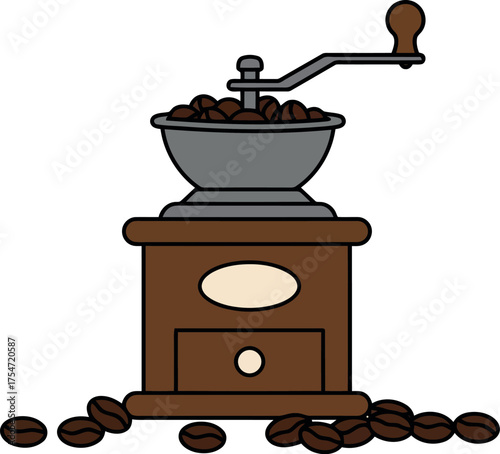 Vintage manual coffee grinder with beans vector