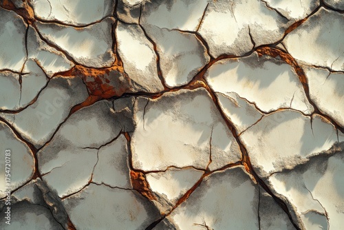A close-up view of cracked earth, showcasing intricate patterns of fissures and varied tones of white, gray, and orange-red, highlighting the effects of drought.