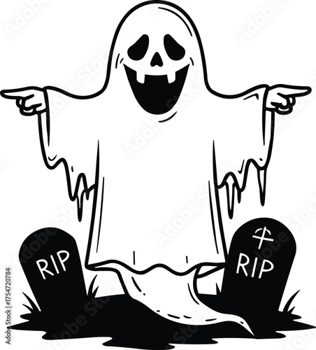Halloween ghost illustration, spooky graveyard scene, creepy phantom spirit, haunted night artwork, scary gravestones with RIP, horror design, dark fantasy, supernatural cartoon