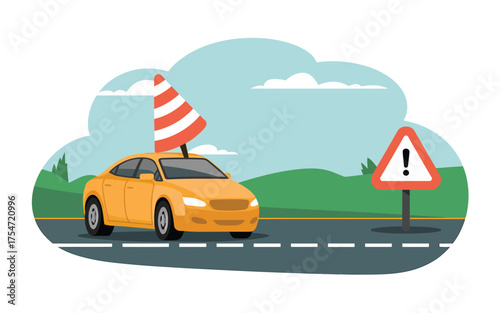 Road safety awareness car traffic cone and warning sign graphic for driving education