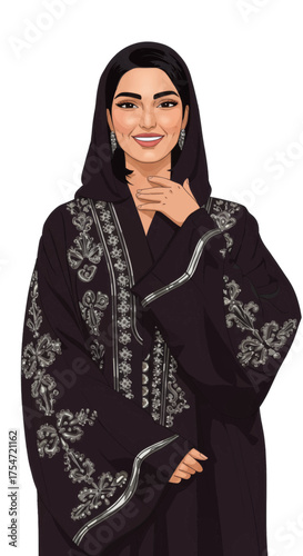 Beautiful Arab Woman Wearing Traditional Black Abaya with Intricate Silver Embellishments