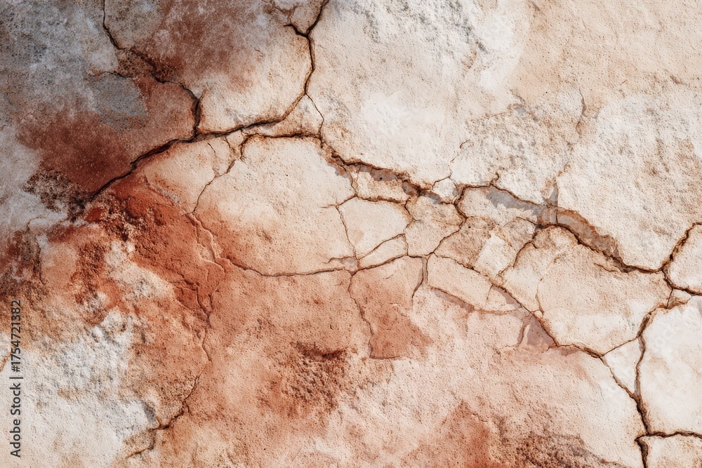 Fototapeta premium A close-up view of a weathered surface with intricate, deep cracks and varying shades of beige and terracotta.