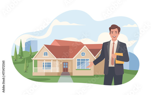 Professional real estate agent showcasing a beautiful family home exterior with lush greenery