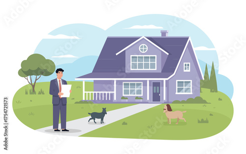 Real estate agent presents dream home with charming yard and pets for sale