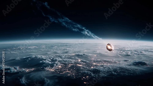 Falling star. Meteor moves to the earth and explodes in colorful dark cloudy evening sky. Sky view of asteroid or comet. Meteor shower at dusk