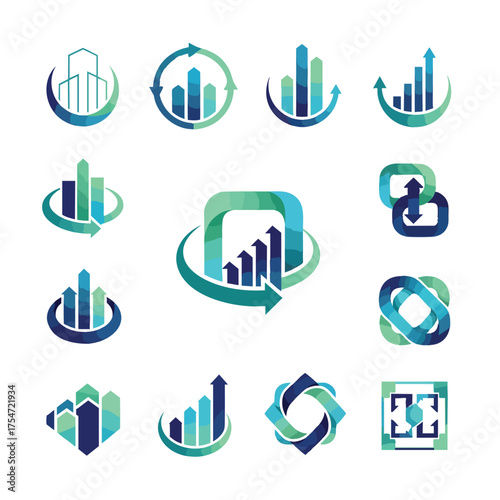 A collection of modern blue and green logo templates for business finance and real estate.